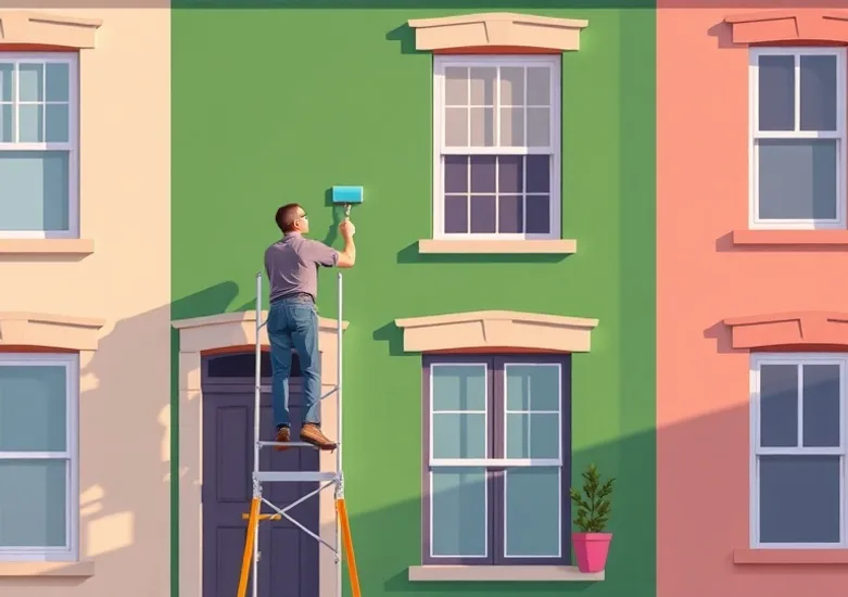 Peintre sur échafaudage traitant la façade d'une maison