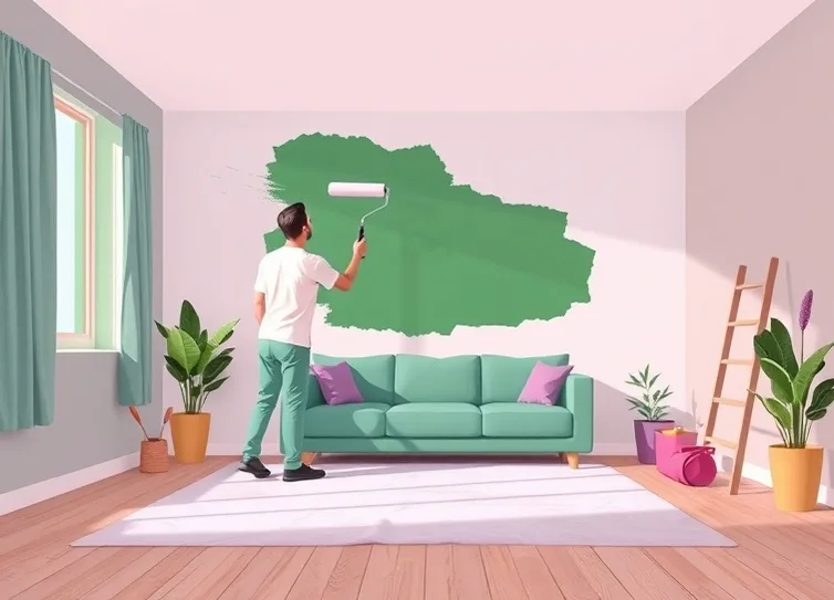 Peintre appliquant la peinture au rouleau sur un mur de salon